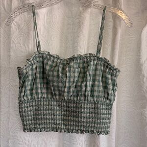 American Eagle Outfitters Green and White Gingham Smocked Crop Top